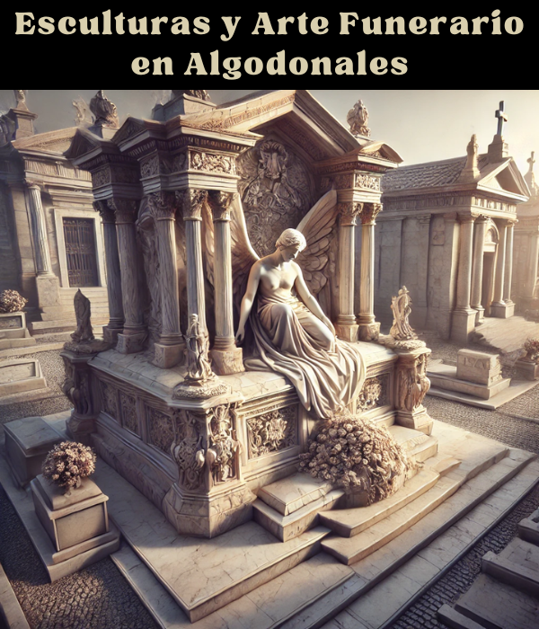 Imagen hiperrealista de una impresionante escultura sobre una tumba o mausoleo, situada en un cementerio que se asemeja al de Algodonales, Cádiz. La escena muestra la solemnidad y elegancia de una tumba bellamente elaborada con intrincadas decoraciones. La escultura está hecha de materiales nobles como mármol, granito o bronce, lo que refleja tanto la durabilidad como el significado simbólico del lugar. El entorno incluye tumbas cuidadosamente cuidadas, con flores y una atmósfera pacífica y respetuosa. La imagen capta el arte y la atención al detalle, evocando un profundo sentimiento de recuerdo y honra al difunto. https://www.lapidascadiz.com/