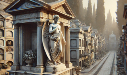 Imagen hiperrealista de una impresionante escultura o estatua situada en una tumba o mausoleo dentro del cementerio de Bornos, Cádiz. La escena está ambientada en un entorno solemne y tranquilo, con la tumba decorada con materiales de alta calidad como mármol, granito y bronce. La escultura, posiblemente un ángel de mármol o un busto detallado, ocupa un lugar destacado, simbolizando la memoria y el legado del difunto. El entorno incluye caminos bien cuidados, flores cuidadosamente dispuestas y la textura de la piedra envejecida. La atmósfera evoca reverencia y serenidad, con una sensación de respeto y recuerdo perdurables. https://www.lapidascadiz.com/