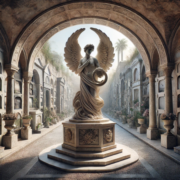 Imagen hiperrealista de una impresionante escultura o estatua situada en una tumba o mausoleo dentro del cementerio de Bornos, Cádiz. La escena está ambientada en un entorno solemne y tranquilo, con la tumba decorada con materiales de alta calidad como mármol, granito y bronce. La escultura, posiblemente un ángel de mármol o un busto detallado, ocupa un lugar destacado, simbolizando la memoria y el legado del difunto. El entorno incluye caminos bien cuidados, flores cuidadosamente dispuestas y la textura de la piedra envejecida. La atmósfera evoca reverencia y serenidad, con una sensación de respeto y recuerdo perdurables.
https://www.lapidascadiz.com/