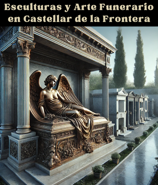 Imagen hiperrealista de una impresionante escultura o estatua en una tumba o mausoleo del cementerio de Castellar de la Frontera, Cádiz. La escena muestra un monumento solemne y elegante, elaborado con materiales nobles como el bronce, la piedra y el mármol. La estatua está intrincadamente detallada, posiblemente representando a un ángel sereno o a una figura simbólica que transmite una sensación de paz y recuerdo. La tumba está adornada con decoraciones personalizadas, que reflejan un profundo respeto por el difunto. La zona circundante es apacible, con exuberante vegetación y senderos cuidadosamente mantenidos, que realzan la tranquilidad y el carácter sagrado del lugar. https://www.lapidascadiz.com/