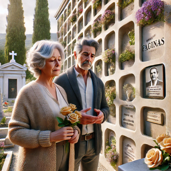 Imagen hiperrealista de una pareja madura de entre 55 y 60 años, de pie ante una pared de nichos en un cementerio. Están mirando una lápida con la foto de un familiar fallecido. La mujer lleva flores en la mano, y ambos tienen expresiones pacíficas. El cementerio se encuentra en Facinas, un pueblo del municipio de Tarifa, comarca del Campo de Gibraltar, Cádiz. La escena es serena, con la decoración apropiada para el cementerio, captando la emoción y los recuerdos del momento. https://www.lapidascadiz.com/