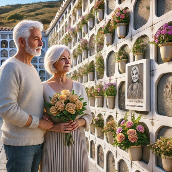 Imagen hiperrealista de una pareja madura de entre 55 y 60 años, de pie ante una pared de nichos en un cementerio. Están mirando una lápida con la foto de un familiar fallecido. La mujer lleva flores en la mano, y ambos tienen expresiones pacíficas. El cementerio se encuentra en Facinas, un pueblo del municipio de Tarifa, comarca del Campo de Gibraltar, Cádiz. La escena es serena, con la decoración apropiada para el cementerio, captando la emoción y los recuerdos del momento.
https://www.lapidascadiz.com/
