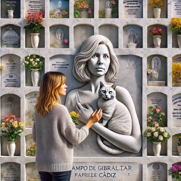 Imagen hiperrealista y cuadrada de una mujer de 35 años con un gato, mirando una lápida en un muro de nichos de un cementerio del Campo de Gibraltar, Cádiz. La lápida tiene la foto de un familiar fallecido, y la mujer sostiene flores. La escena transmite paz, con el cementerio decorado adecuadamente. La obra de arte de la lápida, realizada por un escultor de mármol altamente cualificado, es una pieza única y personalizada que capta la esencia del difunto.
https://www.lapidascadiz.com/