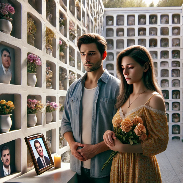 Imagen hiperrealista de un matrimonio joven, de entre 35 y 40 años, de pie, solemnemente, delante de una pared de nichos en un cementerio. La pareja está mirando una lápida con la foto de un familiar. La escena transmite tranquilidad, y uno de ellos lleva flores en la mano. El cementerio está decorado, lo que sugiere que se trata del cementerio local de Los Barrios, Campo de Gibraltar, Cádiz. Las expresiones de la pareja reflejan un sentimiento de paz y recuerdo. https://www.lapidascadiz.com/