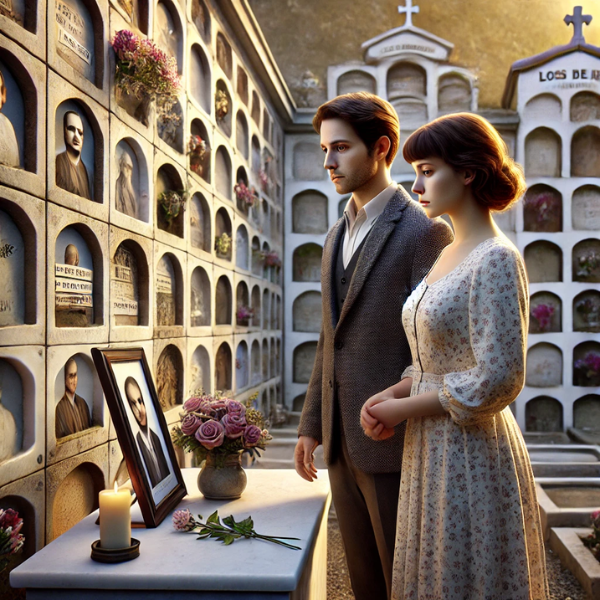 Imagen hiperrealista de un matrimonio joven, de entre 35 y 40 años, de pie, solemnemente, delante de una pared de nichos en un cementerio. La pareja está mirando una lápida con la foto de un familiar. La escena transmite tranquilidad, y uno de ellos lleva flores en la mano. El cementerio está decorado, lo que sugiere que se trata del cementerio local de Los Barrios, Campo de Gibraltar, Cádiz. Las expresiones de la pareja reflejan un sentimiento de paz y recuerdo.
https://www.lapidascadiz.com/