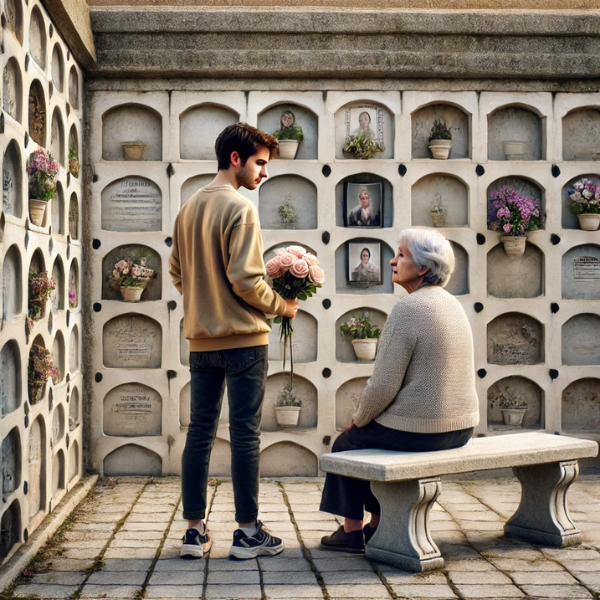 Imagen cuadrada hiperrealista que representa a una persona joven, hombre o mujer, de entre 25 y 35 años, que acompaña a su anciana madre en un cementerio. Están mirando una lápida en una pared de nichos, osarios o columbarios, que tiene una foto de un familiar fallecido. El joven lleva flores en las manos. El decorado sugiere que el cementerio está en Medina Sidonia, Comarca de la Janda, Cádiz, con decoraciones locales apropiadas. El ambiente es tranquilo y contemplativo. https://www.lapidascadiz.com/