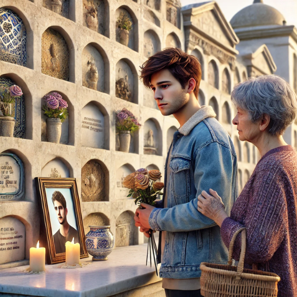 Imagen cuadrada hiperrealista que representa a una persona joven, hombre o mujer, de entre 25 y 35 años, que acompaña a su anciana madre en un cementerio. Están mirando una lápida en una pared de nichos, osarios o columbarios, que tiene una foto de un familiar fallecido. El joven lleva flores en las manos. El decorado sugiere que el cementerio está en Medina Sidonia, Comarca de la Janda, Cádiz, con decoraciones locales apropiadas. El ambiente es tranquilo y contemplativo. https://www.lapidascadiz.com/