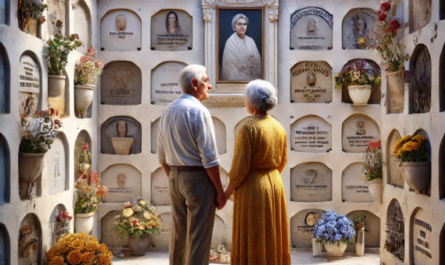 Imagen cuadrada hiperrealista que representa a una pareja madura, de entre 55 y 60 años, de pie ante una pared de nichos en un cementerio. Están mirando una lápida con la foto de un familiar fallecido, expresando una actitud pacífica. Uno de ellos lleva flores en la mano. La escena está ambientada en el cementerio local de Olvera, Sierra de Cádiz, con decoración y contexto típicos. El escenario sugiere que la pareja está recordando a un ser querido, encapsulando un momento de reflexión y emoción. https://www.lapidascadiz.com/