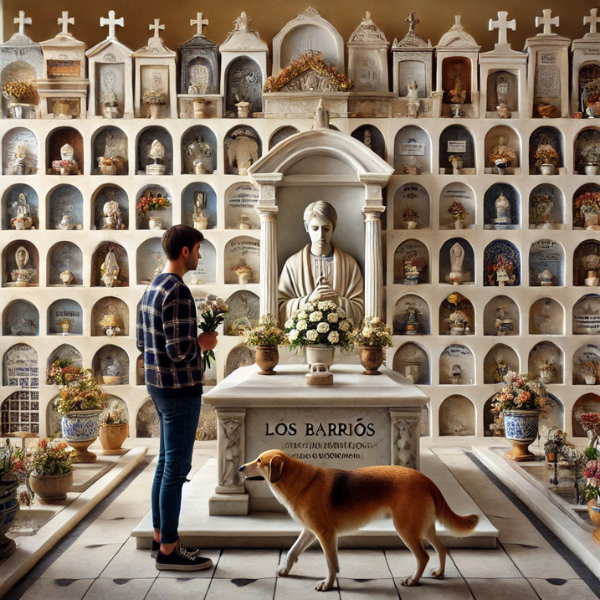 Imagen hiperrealista de una persona joven, de entre 25 y 35 años, acompañada de su perro, mirando una lápida con la foto de un familiar en una pared de nichos, osarios o columbarios. La persona lleva flores en la mano y está en actitud pacífica. La escena está ambientada en un cementerio de Palmones, pueblo de Los Barrios, Campo de Gibraltar, Cádiz. El entorno incluye decoraciones detalladas típicas de un cementerio de este tipo. La persona y su perro van vestidos respetuosamente, y la lápida tiene un intrincado diseño, que muestra el trabajo de un hábil artesano del mármol. https://www.lapidascadiz.com/