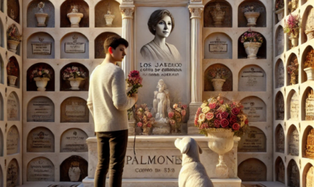 Imagen hiperrealista de una persona joven, de entre 25 y 35 años, acompañada de su perro, mirando una lápida con la foto de un familiar en una pared de nichos, osarios o columbarios. La persona lleva flores en la mano y está en actitud pacífica. La escena está ambientada en un cementerio de Palmones, pueblo de Los Barrios, Campo de Gibraltar, Cádiz. El entorno incluye decoraciones detalladas típicas de un cementerio de este tipo. La persona y su perro van vestidos respetuosamente, y la lápida tiene un intrincado diseño, que muestra el trabajo de un hábil artesano del mármol. https://www.lapidascadiz.com/