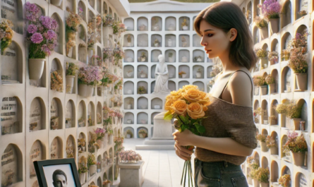 Imagen cuadrada hiperrealista de una mujer joven de entre 25 y 35 años, de pie ante una pared de nichos de columbario en un cementerio. Lleva flores en las manos y mira una lápida con la foto de un familiar fallecido. La escena es tranquila y el cementerio está decorado a semejanza del de Paterna de Rivera, Comarca de La Janda, Cádiz. La mujer tiene una expresión serena, que refleja un momento de recuerdo. https://www.lapidascadiz.com/