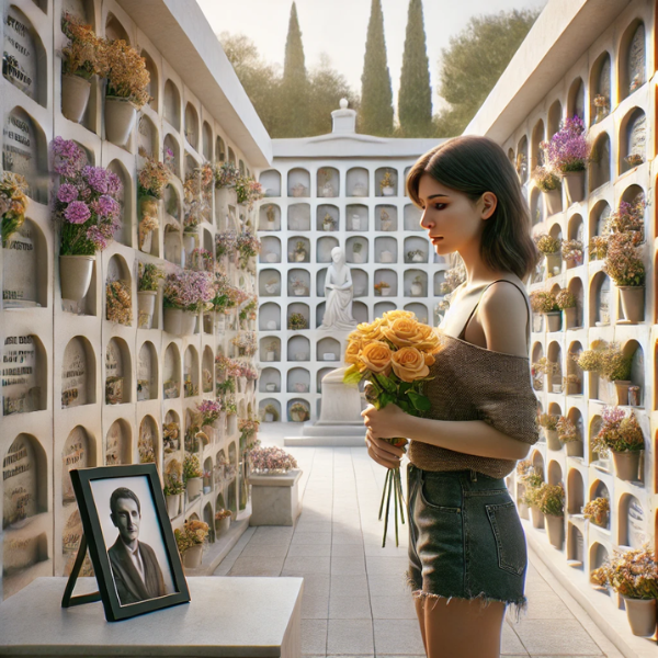 Imagen cuadrada hiperrealista de una mujer joven de entre 25 y 35 años, de pie ante una pared de nichos de columbario en un cementerio. Lleva flores en las manos y mira una lápida con la foto de un familiar fallecido. La escena es tranquila y el cementerio está decorado a semejanza del de Paterna de Rivera, Comarca de La Janda, Cádiz. La mujer tiene una expresión serena, que refleja un momento de recuerdo. https://www.lapidascadiz.com/