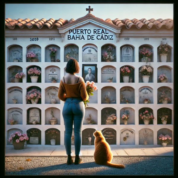 Imagen cuadrada hiperrealista de una mujer de unos 35 años junto a un gato, ambos frente a una pared de nichos en un cementerio. La mujer sostiene flores y mira una lápida con la foto de un familiar fallecido. El entorno es tranquilo, y el cementerio está decorado para sugerir que se encuentra en Puerto Real, Bahía de Cádiz. La mujer y el gato parecen serenos, y el ambiente es respetuoso y tranquilo.
https://www.lapidascadiz.com/