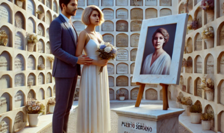 Imagen cuadrada hiperrealista de un matrimonio joven de entre 35 y 40 años, de pie ante una pared de nichos o columbarios en un cementerio de Puerto Serrano, Sierra de Cádiz. Están mirando una lápida con la foto de un familiar fallecido. La mujer sostiene un ramo de flores. La escena destila paz, y la pareja refleja el amor y el recuerdo que sienten por su ser querido. El cementerio está decorado adecuadamente para el lugar, y la lápida es una obra de arte creada por un hábil marmolista, con detalles personalizados e intrincados. https://www.lapidascadiz.com/