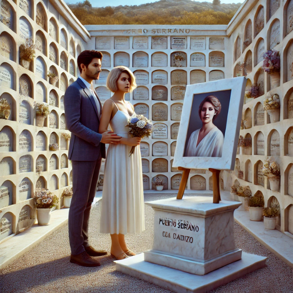 Imagen cuadrada hiperrealista de un matrimonio joven de entre 35 y 40 años, de pie ante una pared de nichos o columbarios en un cementerio de Puerto Serrano, Sierra de Cádiz. Están mirando una lápida con la foto de un familiar fallecido. La mujer sostiene un ramo de flores. La escena destila paz, y la pareja refleja el amor y el recuerdo que sienten por su ser querido. El cementerio está decorado adecuadamente para el lugar, y la lápida es una obra de arte creada por un hábil marmolista, con detalles personalizados e intrincados. https://www.lapidascadiz.com/