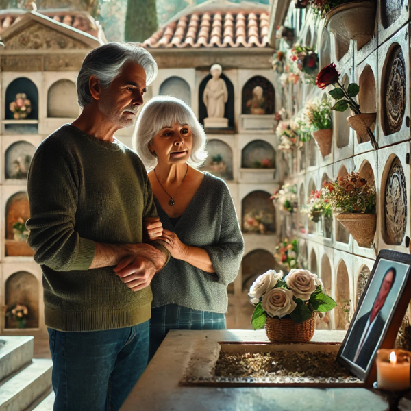 Una pareja madura de entre 50 y 60 años en un cementerio de San Fernando, Bahía de Cádiz. Están de pie frente a una pared de nichos, mirando una lápida con la foto de un familiar. La escena transmite una sensación de paz, y uno de ellos lleva flores en la mano. El entorno es sereno, y la arquitectura y la decoración del cementerio reflejan la cultura local. La pareja va vestida con respeto, y sus expresiones son solemnes pero tranquilas.
https://www.lapidascadiz.com/