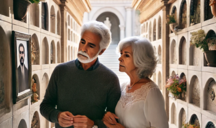 Una pareja madura de entre 50 y 60 años en un cementerio de San Fernando, Bahía de Cádiz. Están de pie frente a una pared de nichos, mirando una lápida con la foto de un familiar. La escena transmite una sensación de paz, y uno de ellos lleva flores en la mano. El entorno es sereno, y la arquitectura y la decoración del cementerio reflejan la cultura local. La pareja va vestida con respeto, y sus expresiones son solemnes pero tranquilas. https://www.lapidascadiz.com/