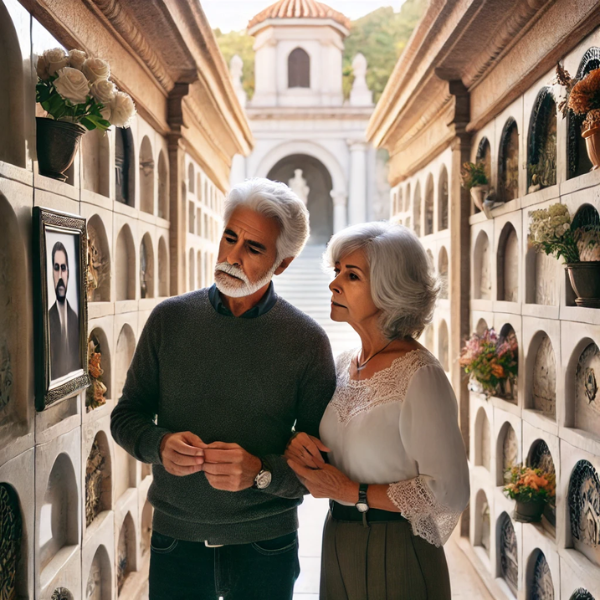 Una pareja madura de entre 50 y 60 años en un cementerio de San Fernando, Bahía de Cádiz. Están de pie frente a una pared de nichos, mirando una lápida con la foto de un familiar. La escena transmite una sensación de paz, y uno de ellos lleva flores en la mano. El entorno es sereno, y la arquitectura y la decoración del cementerio reflejan la cultura local. La pareja va vestida con respeto, y sus expresiones son solemnes pero tranquilas. https://www.lapidascadiz.com/