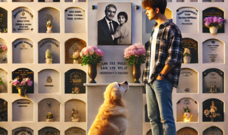 Una persona joven de entre 25 y 35 años junto a su perro, ambos mirando una lápida en una pared de nichos, osarios o columbarios. La lápida tiene una foto de un familiar fallecido. El entorno es tranquilo, y uno de ellos lleva flores en la mano. La escena está decorada para sugerir que se encuentra en el cementerio de San José del Valle, Campiña de Jerez, Cádiz. El ambiente es sereno, y hay una sensación de respeto y recuerdo. https://www.lapidascadiz.com/