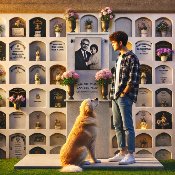 Una persona joven de entre 25 y 35 años junto a su perro, ambos mirando una lápida en una pared de nichos, osarios o columbarios. La lápida tiene una foto de un familiar fallecido. El entorno es tranquilo, y uno de ellos lleva flores en la mano. La escena está decorada para sugerir que se encuentra en el cementerio de San José del Valle, Campiña de Jerez, Cádiz. El ambiente es sereno, y hay una sensación de respeto y recuerdo. https://www.lapidascadiz.com/