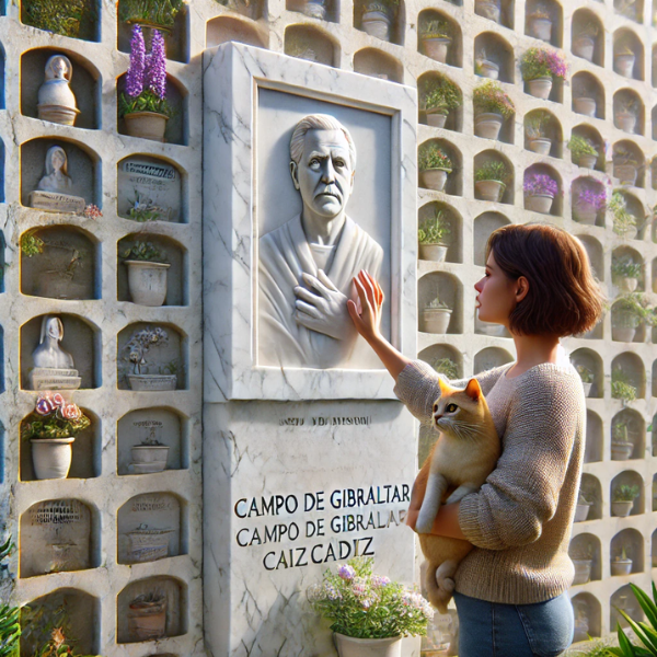 Imagen hiperrealista y cuadrada de una mujer de 35 años con un gato, mirando una lápida en un muro de nichos de un cementerio del Campo de Gibraltar, Cádiz. La lápida tiene la foto de un familiar fallecido, y la mujer sostiene flores. La escena transmite paz, con el cementerio decorado adecuadamente. La obra de arte de la lápida, realizada por un escultor de mármol altamente cualificado, es una pieza única y personalizada que capta la esencia del difunto. https://www.lapidascadiz.com/