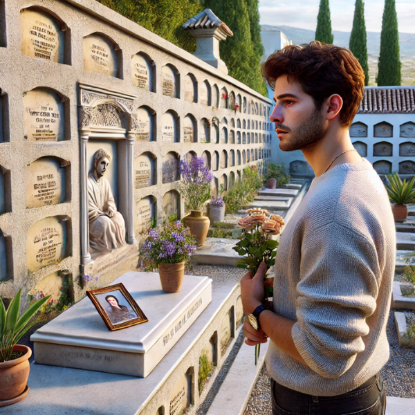 Imagen hiperrealista de un joven de entre 25 y 35 años, de pie y mirando una lápida en un cementerio. La lápida forma parte de una pared de nichos, osarios o columbarios y tiene una foto de un familiar. El joven lleva flores en la mano y parece estar en paz. El escenario indica claramente que se trata del cementerio de Sanlúcar de Barrameda, Costa Noroeste de Cádiz. El fondo muestra elementos típicos de esta localidad, como la vegetación y la arquitectura mediterráneas.
https://www.lapidascadiz.com/
