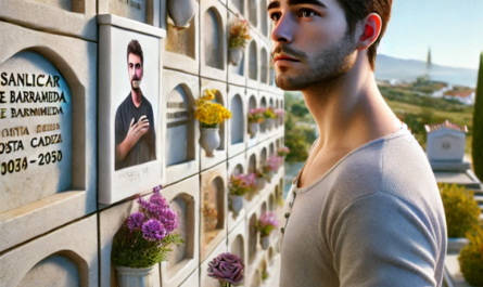 Imagen hiperrealista de un joven de entre 25 y 35 años, de pie y mirando una lápida en un cementerio. La lápida forma parte de una pared de nichos, osarios o columbarios y tiene una foto de un familiar. El joven lleva flores en la mano y parece estar en paz. El escenario indica claramente que se trata del cementerio de Sanlúcar de Barrameda, Costa Noroeste de Cádiz. El fondo muestra elementos típicos de esta localidad, como la vegetación y la arquitectura mediterráneas. https://www.lapidascadiz.com/