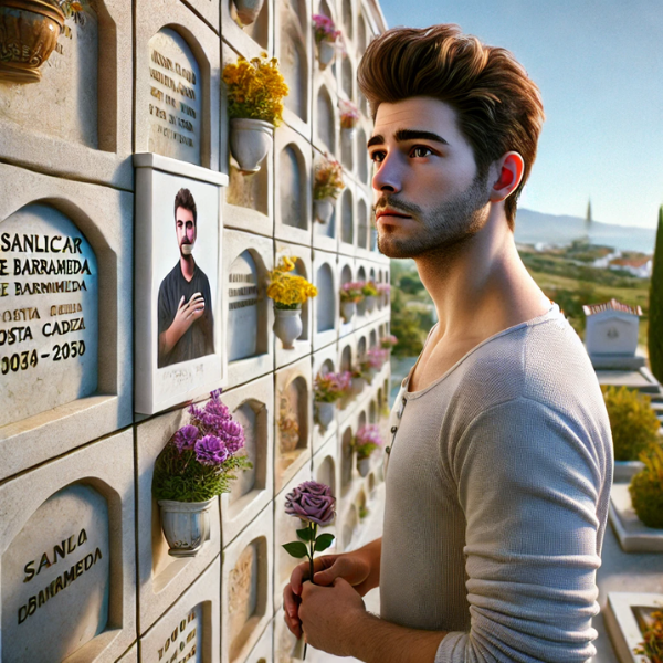 Imagen hiperrealista de un joven de entre 25 y 35 años, de pie y mirando una lápida en un cementerio. La lápida forma parte de una pared de nichos, osarios o columbarios y tiene una foto de un familiar. El joven lleva flores en la mano y parece estar en paz. El escenario indica claramente que se trata del cementerio de Sanlúcar de Barrameda, Costa Noroeste de Cádiz. El fondo muestra elementos típicos de esta localidad, como la vegetación y la arquitectura mediterráneas. https://www.lapidascadiz.com/