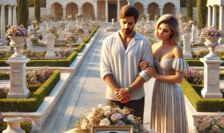 Imagen cuadrada hiperrealista de una pareja joven de entre 35 y 40 años, de pie delante de un lujoso y exclusivo cementerio de Sotogrande, una exclusiva zona residencial de San Roque, Cádiz. Están mirando una lápida con la foto de un familiar fallecido, en actitud pacífica. Uno de ellos sostiene unas flores. El cementerio presenta una arquitectura elegante, jardines bien cuidados y una decoración de lujo. La pareja aparece respetuosa y serena, honrando la memoria de su ser querido. https://www.lapidascadiz.com/