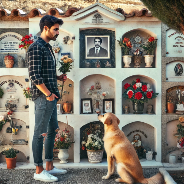 Un joven de unos veinte o treinta años está de pie junto a una lápida, mirándola con expresión pacífica. Lleva flores en la mano. A su lado, hay un perro sentado que también mira la lápida. La lápida forma parte de una pared de nichos, osarios o columbarios, en la que hay una foto de un familiar fallecido. La escena está decorada y ambientada en el cementerio de Tahivilla, localidad del municipio de Tarifa, en el Campo de Gibraltar, Cádiz. El ambiente es sereno, y el joven y el perro están en actitud reflexiva. https://www.lapidascadiz.com/