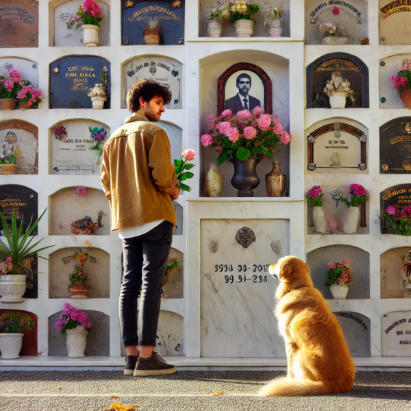 Un joven de unos veinte o treinta años está de pie junto a una lápida, mirándola con expresión pacífica. Lleva flores en la mano. A su lado, hay un perro sentado que también mira la lápida. La lápida forma parte de una pared de nichos, osarios o columbarios, en la que hay una foto de un familiar fallecido. La escena está decorada y ambientada en el cementerio de Tahivilla, localidad del municipio de Tarifa, en el Campo de Gibraltar, Cádiz. El ambiente es sereno, y el joven y el perro están en actitud reflexiva. https://www.lapidascadiz.com/ 