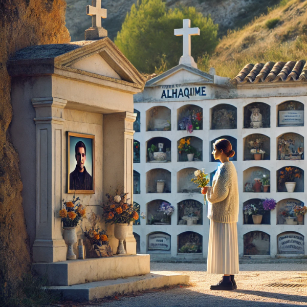 Imagen cuadrada hiperrealista de una mujer joven de entre 25 y 35 años, de pie ante la pared de un nicho en un cementerio. Está mirando una lápida con la foto de un familiar fallecido, sosteniendo flores en las manos. La escena es tranquila, el cementerio está situado en Torre Alháquime, Sierra de Cádiz. Los alrededores están decorados con flores y objetos conmemorativos. El ambiente es sereno, con una sensación de recuerdo y respeto. La mujer parece contemplativa y en paz.
https://www.lapidascadiz.com/
