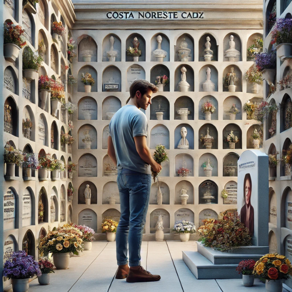 Imagen hiperrealista de un joven de entre 25 y 35 años de pie ante una pared de nichos y columbarios en un cementerio de Trebujena, Costa Noroeste de Cádiz. Está mirando una lápida con la foto de un familiar fallecido, sosteniendo flores de forma pacífica. La escena es solemne, con la decoración del cementerio que indica un lugar de recuerdo y paz.
https://www.lapidascadiz.com/
