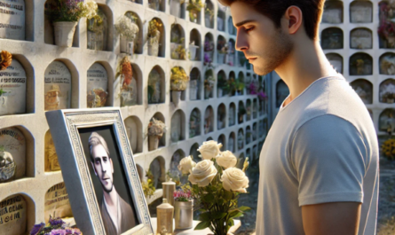 Imagen hiperrealista de un joven de entre 25 y 35 años de pie ante una pared de nichos y columbarios en un cementerio de Trebujena, Costa Noroeste de Cádiz. Está mirando una lápida con la foto de un familiar fallecido, sosteniendo flores de forma pacífica. La escena es solemne, con la decoración del cementerio que indica un lugar de recuerdo y paz. https://www.lapidascadiz.com/