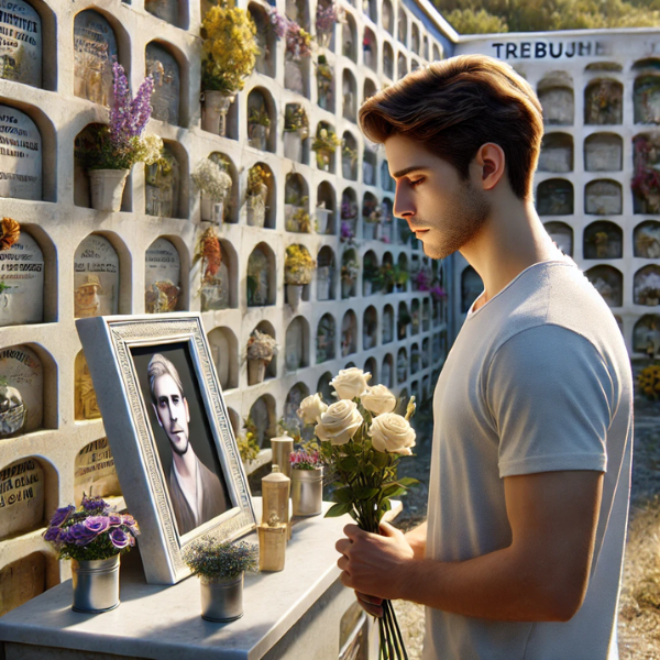 Imagen hiperrealista de un joven de entre 25 y 35 años de pie ante una pared de nichos y columbarios en un cementerio de Trebujena, Costa Noroeste de Cádiz. Está mirando una lápida con la foto de un familiar fallecido, sosteniendo flores de forma pacífica. La escena es solemne, con la decoración del cementerio que indica un lugar de recuerdo y paz. https://www.lapidascadiz.com/