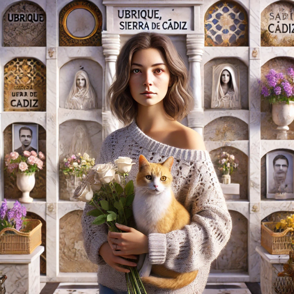 Imagen cuadrada hiperrealista de una mujer de unos 35 años con un gato, de pie delante de una lápida en un cementerio de Ubrique, Sierra de Cádiz. La mujer y el gato están en actitud pacífica, con la mujer sosteniendo flores. La lápida forma parte de un muro de nichos y tiene una foto de un familiar fallecido. La ambientación incluye decoración de cementerio y elementos propios de Ubrique, Sierra de Cádiz. La escena capta una sensación de calma y reflexión, y el trabajo en mármol de la lápida muestra una artesanía y un detalle excepcionales. https://www.lapidascadiz.com/