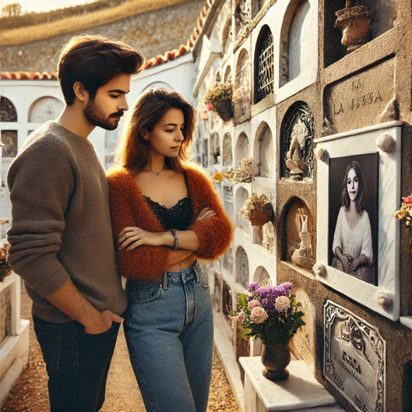 Una pareja joven, de entre 35 y 40 años, de pie ante la pared de un nicho en un cementerio de Vejer de la Frontera, Comarca de La Janda, Cádiz. Están mirando una lápida con la foto de un familiar fallecido, y uno de ellos sostiene flores. La escena es pacífica y respetuosa, y la pareja parece estar en estado de reflexión y recuerdo. El cementerio está bien mantenido, con una atmósfera artística y serena. La lápida está bellamente elaborada por un hábil cantero, captando la esencia del difunto de forma emotiva y personalizada.
https://www.lapidascadiz.com/
