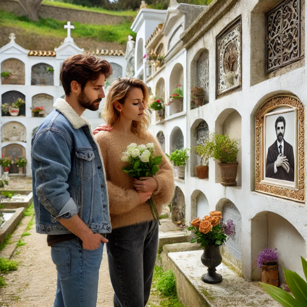 Una pareja joven, de entre 35 y 40 años, de pie ante la pared de un nicho en un cementerio de Vejer de la Frontera, Comarca de La Janda, Cádiz. Están mirando una lápida con la foto de un familiar fallecido, y uno de ellos sostiene flores. La escena es pacífica y respetuosa, y la pareja parece estar en estado de reflexión y recuerdo. El cementerio está bien mantenido, con una atmósfera artística y serena. La lápida está bellamente elaborada por un hábil cantero, captando la esencia del difunto de forma emotiva y personalizada. https://www.lapidascadiz.com/