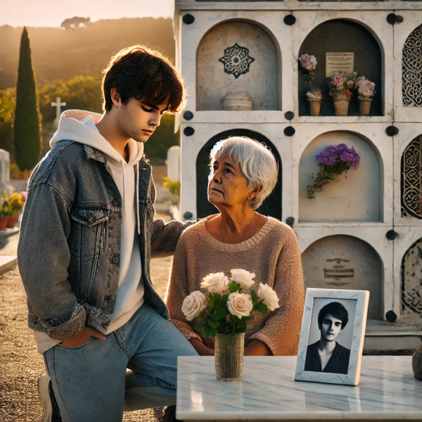 Una persona joven, de entre 25 y 35 años, acompaña a su madre anciana en un cementerio. Están de pie delante de un nicho con una lápida en la que hay una foto de un familiar fallecido. El entorno es apacible, con una atmósfera tranquila y reflexiva. Uno de ellos lleva flores. El fondo sugiere que están en el cementerio de Villaluenga del Rosario, Sierra de Cádiz. La lápida es una obra de arte, reflejo del trabajo de un hábil marmolista que transforma el mármol en una significativa obra de arte. https://www.lapidascadiz.com/ 