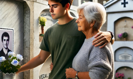 Una persona joven, de entre 25 y 35 años, acompaña a su madre anciana en un cementerio. Están de pie delante de un nicho con una lápida en la que hay una foto de un familiar fallecido. El entorno es apacible, con una atmósfera tranquila y reflexiva. Uno de ellos lleva flores. El fondo sugiere que están en el cementerio de Villaluenga del Rosario, Sierra de Cádiz. La lápida es una obra de arte, reflejo del trabajo de un hábil marmolista que transforma el mármol en una significativa obra de arte. https://www.lapidascadiz.com/