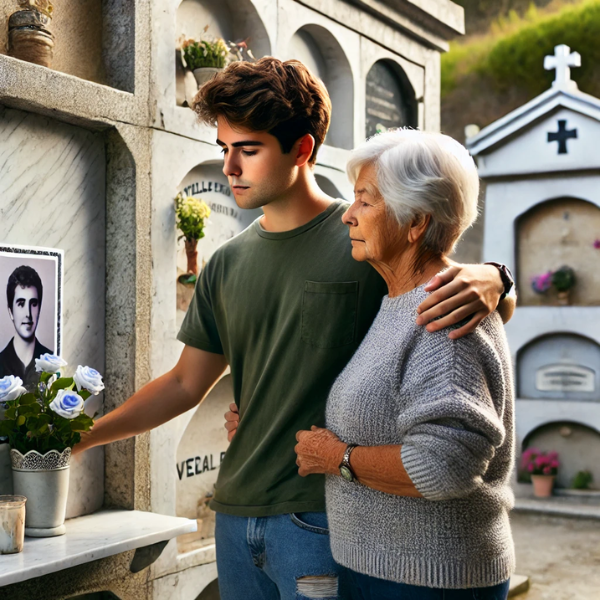 Una persona joven, de entre 25 y 35 años, acompaña a su madre anciana en un cementerio. Están de pie delante de un nicho con una lápida en la que hay una foto de un familiar fallecido. El entorno es apacible, con una atmósfera tranquila y reflexiva. Uno de ellos lleva flores. El fondo sugiere que están en el cementerio de Villaluenga del Rosario, Sierra de Cádiz. La lápida es una obra de arte, reflejo del trabajo de un hábil marmolista que transforma el mármol en una significativa obra de arte. https://www.lapidascadiz.com/