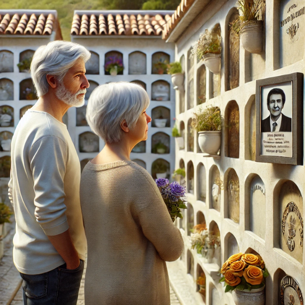 Imagen cuadrada hiperrealista de una pareja madura de 55 a 60 años en un cementerio. Están mirando una lápida en una pared de nichos, osarios o columbarios. En la lápida aparece la foto de un familiar fallecido. La pareja parece tranquila, y uno de ellos lleva flores. La escena sugiere que están en el cementerio de la localidad de Villamartín, Sierra de Cádiz, con una decoración y un contexto apropiados. https://www.lapidascadiz.com/