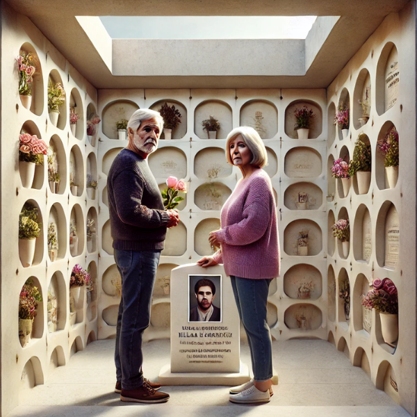 Imagen cuadrada hiperrealista de una pareja madura de 55 a 60 años en un cementerio. Están mirando una lápida en una pared de nichos, osarios o columbarios. En la lápida aparece la foto de un familiar fallecido. La pareja parece tranquila, y uno de ellos lleva flores. La escena sugiere que están en el cementerio de la localidad de Villamartín, Sierra de Cádiz, con una decoración y un contexto apropiados. https://www.lapidascadiz.com/ 