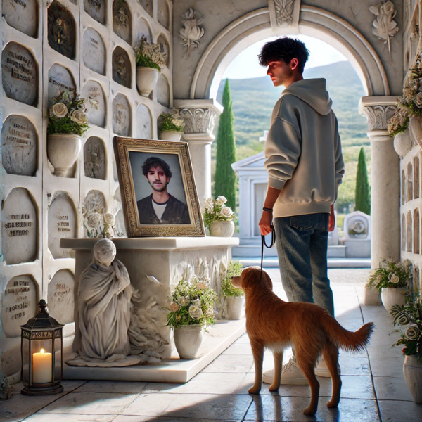 Imagen hiperrealista de un joven de entre 25 y 35 años, acompañado de su perro, mirando una lápida con la foto de un familiar fallecido. La lápida está sobre una pared de nichos, osarios o columbarios. Uno de ellos lleva flores. El escenario es tranquilo, con ambiente de cementerio en Zahara de la Sierra, Sierra de Cádiz. La escena incluye elementos artísticos como esculturas de mármol y decoraciones detalladas que reflejan la artesanía de un hábil escultor de mármol. https://www.lapidascadiz.com/ 