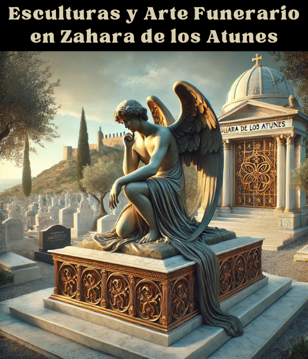 Imagen hiperrealista de una impresionante escultura en una tumba o mausoleo, situada en un cementerio que evoca el ambiente de Zahara de los Atunes, Cádiz. La escena es solemne y serena, con la escultura elaborada con materiales nobles como el bronce, el mármol o el granito. La escultura puede representar un ángel bellamente detallado, una figura contemplativa o un intrincado símbolo que refleje la memoria del difunto. La tumba o mausoleo se adorna con elegantes decoraciones a medida, cuidadosamente diseñadas por un cantero experimentado para transmitir una sensación de paz, respeto y recuerdo imperecedero. Los alrededores del cementerio presentan elementos mediterráneos como olivos, cálida luz solar y sombras que añaden profundidad y tranquilidad a la escena. https://www.lapidascadiz.com/