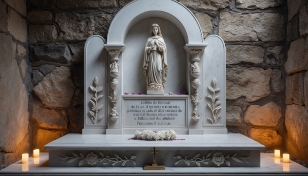 Una lápida de mármol blanco Macael, pulida y adaptada para encajar perfectamente en un nicho de pared de un cementerio andaluz. En la parte superior central, destaca una talla artesanal de la Virgen del Carmen, patrona de los marineros, con detalles finamente elaborados que reflejan su manto y corona. Debajo de la escultura, se encuentra una inscripción en letras doradas con el nombre del difunto, fechas de nacimiento y fallecimiento, y una breve dedicatoria, todo ello en una tipografía clásica y elegante. A ambos lados de la inscripción, hay grabados de ramas de olivo, simbolizando la paz eterna. El borde de la lápida está decorado con motivos florales en bajo relieve, inspirados en la flora típica de la región gaditana. La base de la lápida incluye un pequeño soporte integrado para colocar velas o flores, permitiendo a los familiares rendir homenaje de manera personalizada. La iluminación natural resalta los detalles de la escultura y los grabados, creando un juego de luces y sombras que aporta profundidad y solemnidad a la composición.