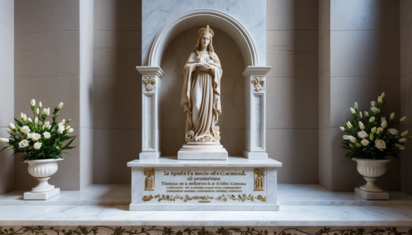 Una lápida de mármol blanco Macael, pulida y adaptada para encajar perfectamente en un nicho de pared de un cementerio andaluz. En la parte superior central, destaca una talla artesanal de la Virgen del Carmen, patrona de los marineros, con detalles finamente elaborados que reflejan su manto y corona. Debajo de la escultura, se encuentra una inscripción en letras doradas con el nombre del difunto, fechas de nacimiento y fallecimiento, y una breve dedicatoria, todo ello en una tipografía clásica y elegante. A ambos lados de la inscripción, hay grabados de ramas de olivo, simbolizando la paz eterna. El borde de la lápida está decorado con motivos florales en bajo relieve, inspirados en la flora típica de la región gaditana. La base de la lápida incluye un pequeño soporte integrado para colocar velas o flores, permitiendo a los familiares rendir homenaje de manera personalizada. La iluminación natural resalta los detalles de la escultura y los grabados, creando un juego de luces y sombras que aporta profundidad y solemnidad a la composición.