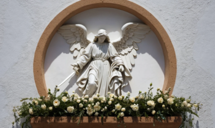 Una lápida de mármol blanco pulido, diseñada para encajar perfectamente en un nicho de pared de un cementerio andaluz. En la parte superior central, destaca una escultura tallada a mano del Arcángel San Miguel, representado en una postura majestuosa, con una espada en alto y un escudo adornado con una cruz, simbolizando la protección y la justicia divina. El borde de la lápida está delicadamente decorado con motivos florales en bajo relieve, inspirados en la flora típica de la región gaditana. La base de la lápida incluye un pequeño soporte integrado para colocar velas o flores, permitiendo a los familiares rendir homenaje de manera personalizada. La iluminación natural resalta los detalles de la escultura y los grabados, creando un juego de luces y sombras que aporta profundidad y solemnidad a la composición. Que se vea claramente El Arcángel San Miguel, representado en una postura majestuosa, con una espada en alto y un escudo adornado con una cruz, simbolizando la protección y la justicia divina