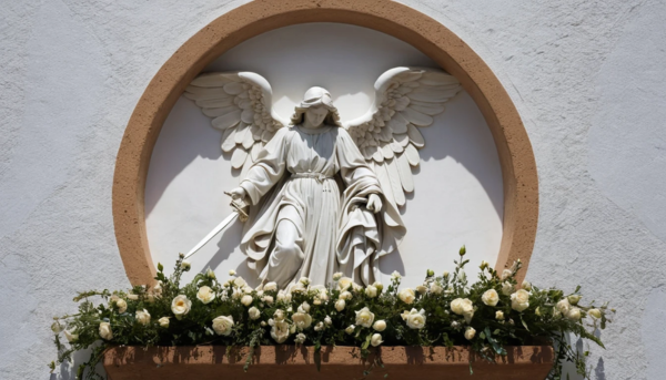 Una lápida de mármol blanco pulido, diseñada para encajar perfectamente en un nicho de pared de un cementerio andaluz. En la parte superior central, destaca una escultura tallada a mano del Arcángel San Miguel, representado en una postura majestuosa, con una espada en alto y un escudo adornado con una cruz, simbolizando la protección y la justicia divina. El borde de la lápida está delicadamente decorado con motivos florales en bajo relieve, inspirados en la flora típica de la región gaditana. La base de la lápida incluye un pequeño soporte integrado para colocar velas o flores, permitiendo a los familiares rendir homenaje de manera personalizada. La iluminación natural resalta los detalles de la escultura y los grabados, creando un juego de luces y sombras que aporta profundidad y solemnidad a la composición. Que se vea claramente El Arcángel San Miguel, representado en una postura majestuosa, con una espada en alto y un escudo adornado con una cruz, simbolizando la protección y la justicia divina