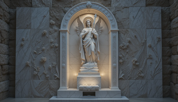 Una lápida de mármol blanco pulido, diseñada para encajar perfectamente en un nicho de pared de un cementerio andaluz. En la parte superior central, destaca una escultura tallada a mano del Arcángel San Miguel, representado en una postura majestuosa, con una espada en alto y un escudo adornado con una cruz, simbolizando la protección y la justicia divina. El borde de la lápida está delicadamente decorado con motivos florales en bajo relieve, inspirados en la flora típica de la región gaditana. La base de la lápida incluye un pequeño soporte integrado para colocar velas o flores, permitiendo a los familiares rendir homenaje de manera personalizada. La iluminación natural resalta los detalles de la escultura y los grabados, creando un juego de luces y sombras que aporta profundidad y solemnidad a la composición. Que se vea claramente El Arcángel San Miguel, representado en una postura majestuosa, con una espada en alto y un escudo adornado con una cruz, simbolizando la protección y la justicia divina